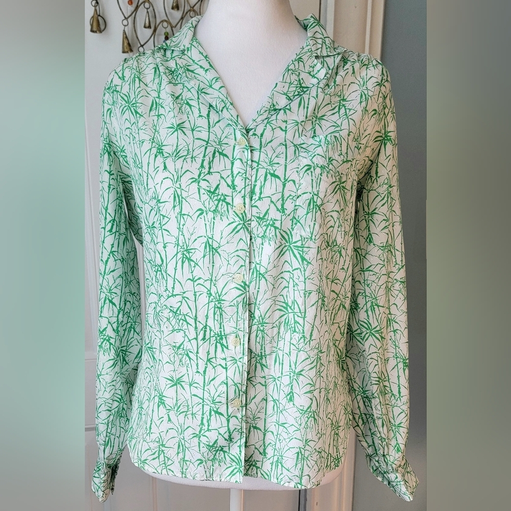 70s Vintage Button Down Blouse Women S Green & Cream Bamboo Print Long Sleeved